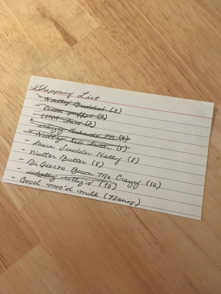 Handwritten shopping note for mad maps project, front view