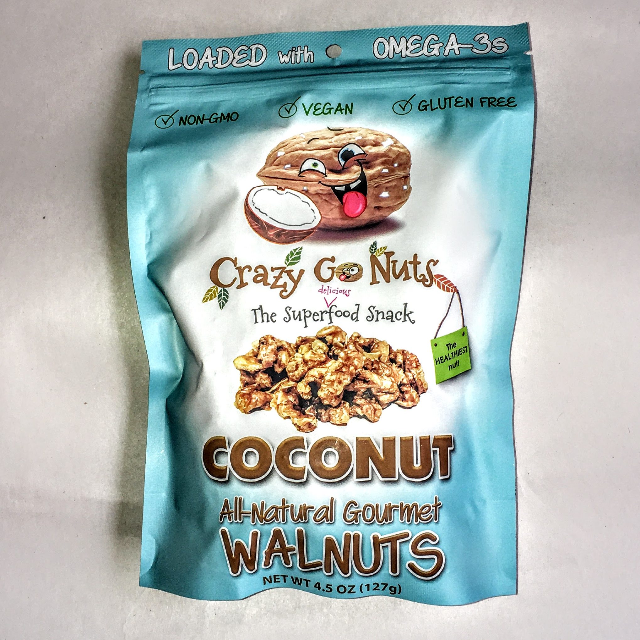 A bag of Crazy Go Nuts walnuts 