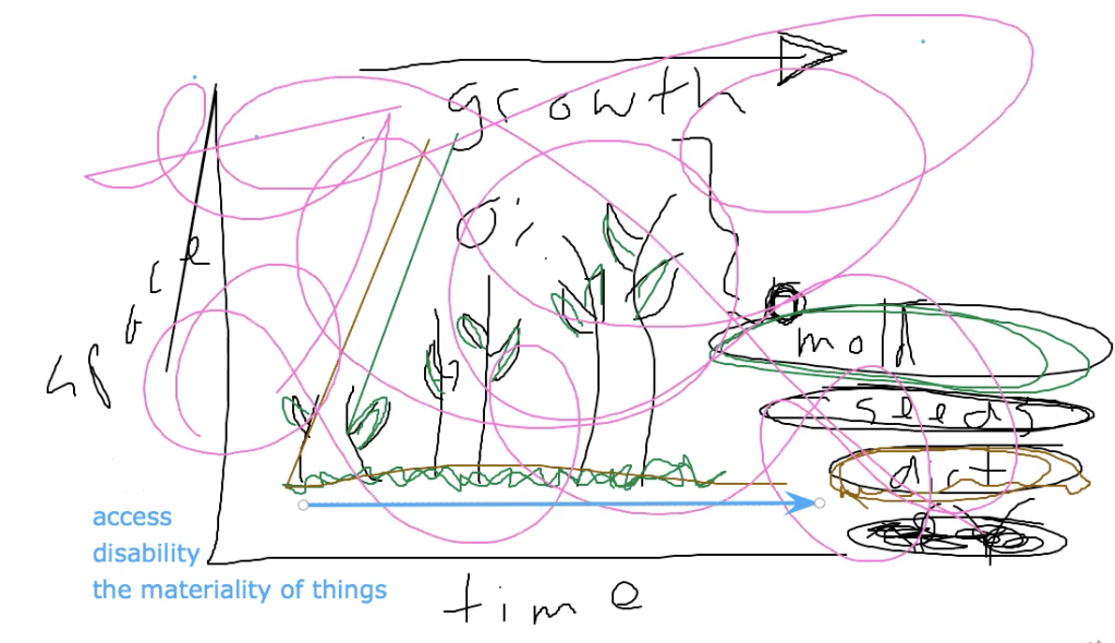 Two axes of a graph, the Y labeled space, the X labeled time. Across the top, an arrow labeled "growth" points to the right, under which is drawn a 0%. A series of green stems with leaves grow progressively taller along the X axis. The words mold, seeds, and dirt are circled on the right; the words access, disability, and the phrase "the materiality of things" are included on the left. A scrawled looping pink line is scribbled over the entire image.