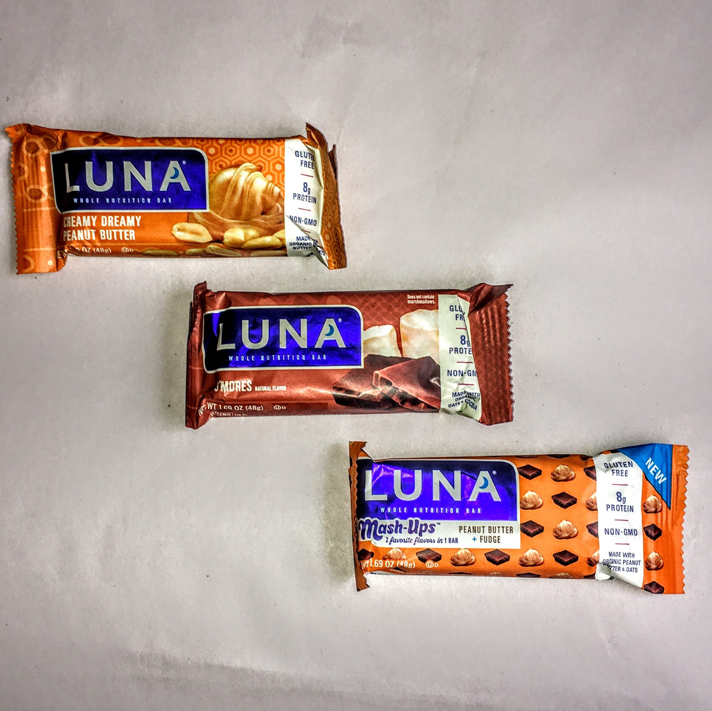 Three Luna nutrition bars. 