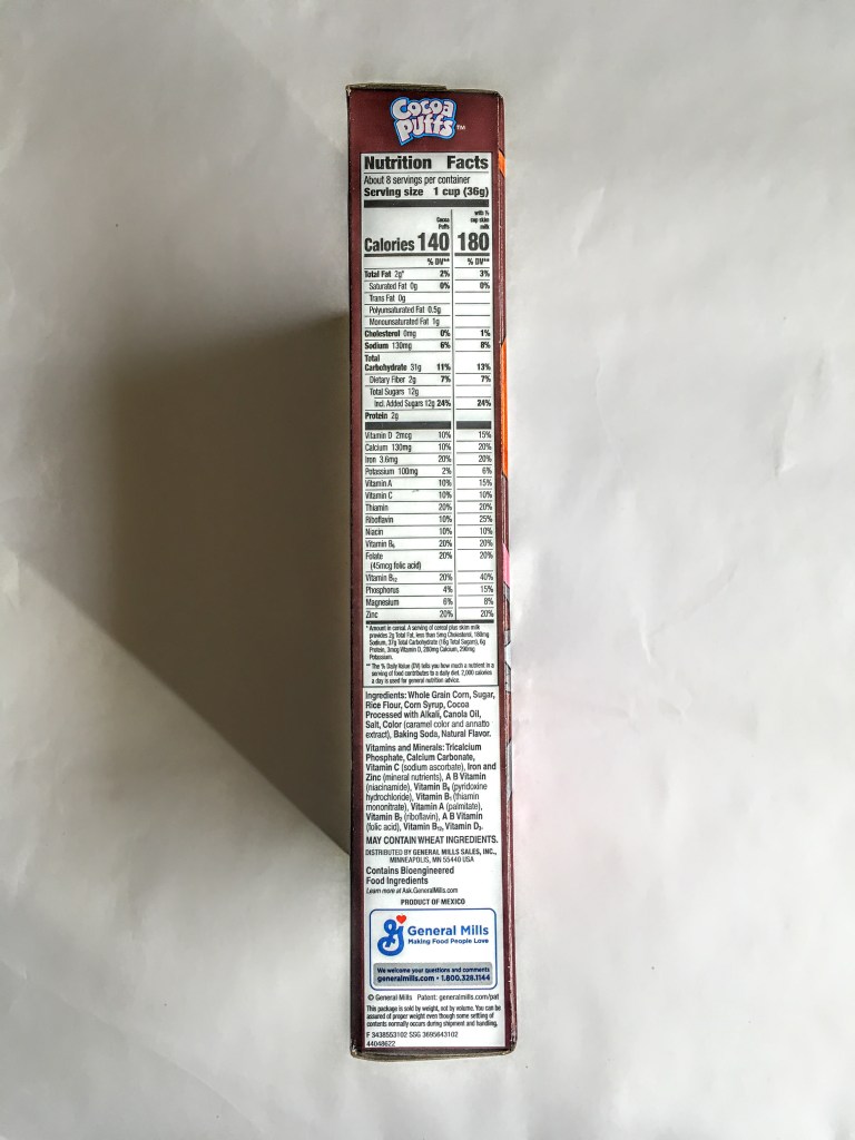 Cocoa Puffs, side view with nutrition label