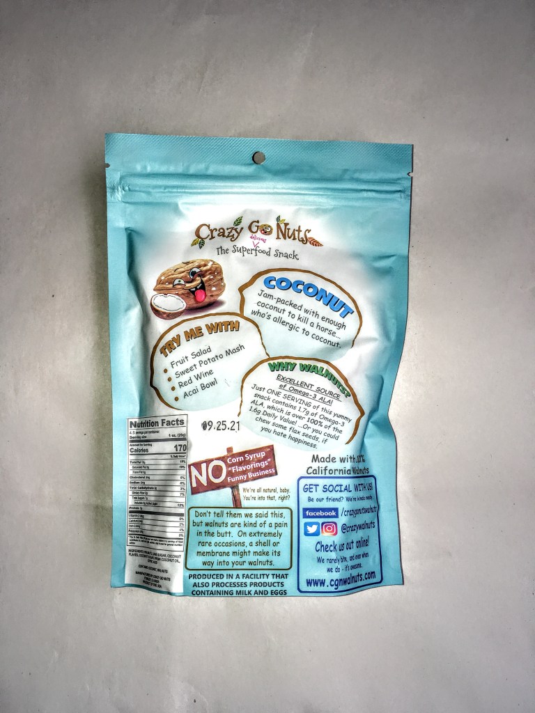 A bag of Crazy Go Nuts walnuts, back view