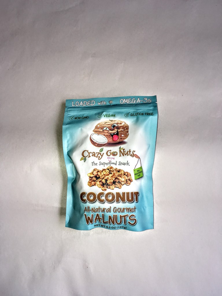 A bag of Crazy Go Nuts walnuts, front view